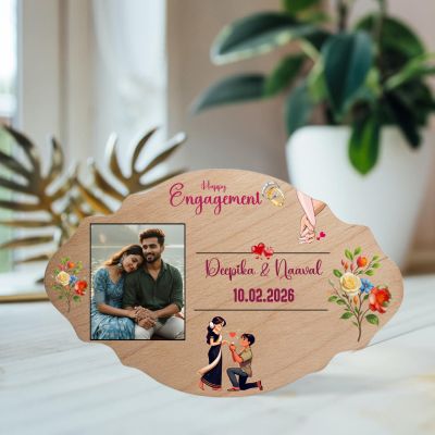 Personalized Happy Engagement Wooden Photo Frame   Engagement Gift for Couples, Best Friend, or Fiancé  Wooden Tabletop Keepsake